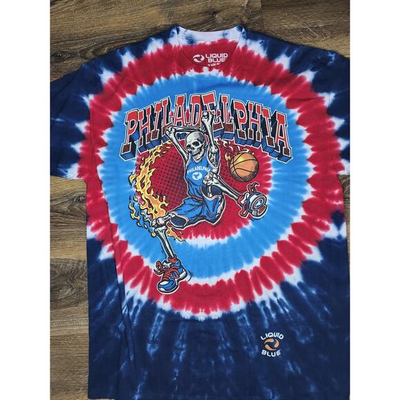 Philadelphia 76ers Tie-Dye T-Shirt XXL Liquid Blue Skeleton Dunk Unworn - Picture 4 of 9